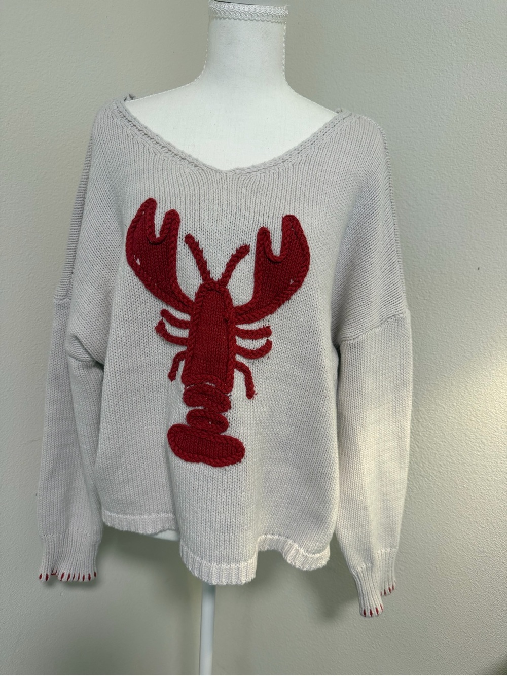 Vintage Havana Cream Off-Shoulder Sweater with Red Lobster Motif Cape Cod